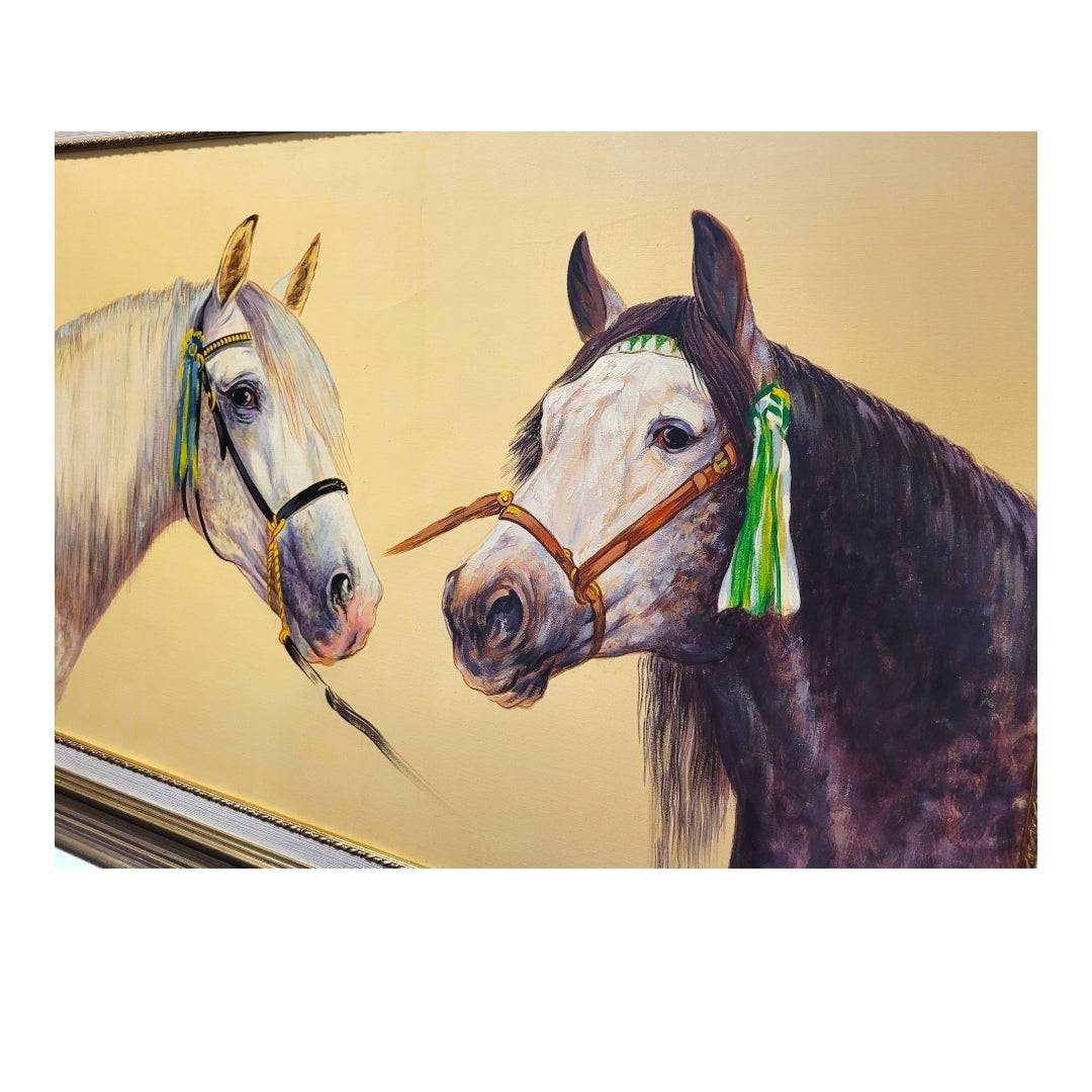 Primer plano del óleo de caballos cartujanos por J. Lara, destacando la expresión realista de los caballos, ideal para amantes del arte ecuestre.