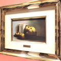 Óleo sobre tabla Sabater - Arte Membrillos Jarra con marco dorado brillante. Bodegón tradicional para decoración de hogar en categoría Home & Garden.