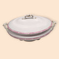 Fuente de porcelana antigua de calidad excepcional para decoración, con asas ornamentadas y detalles en rosa ideal para decoración clásica del hogar.