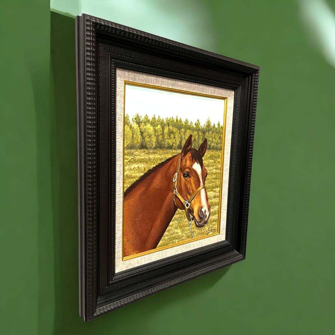 Óleo de Caballo por Miguel Parra enmarcado en negro. Pintura realista de un caballo en el campo, ideal para decoración y coleccionistas de arte ecuestre.