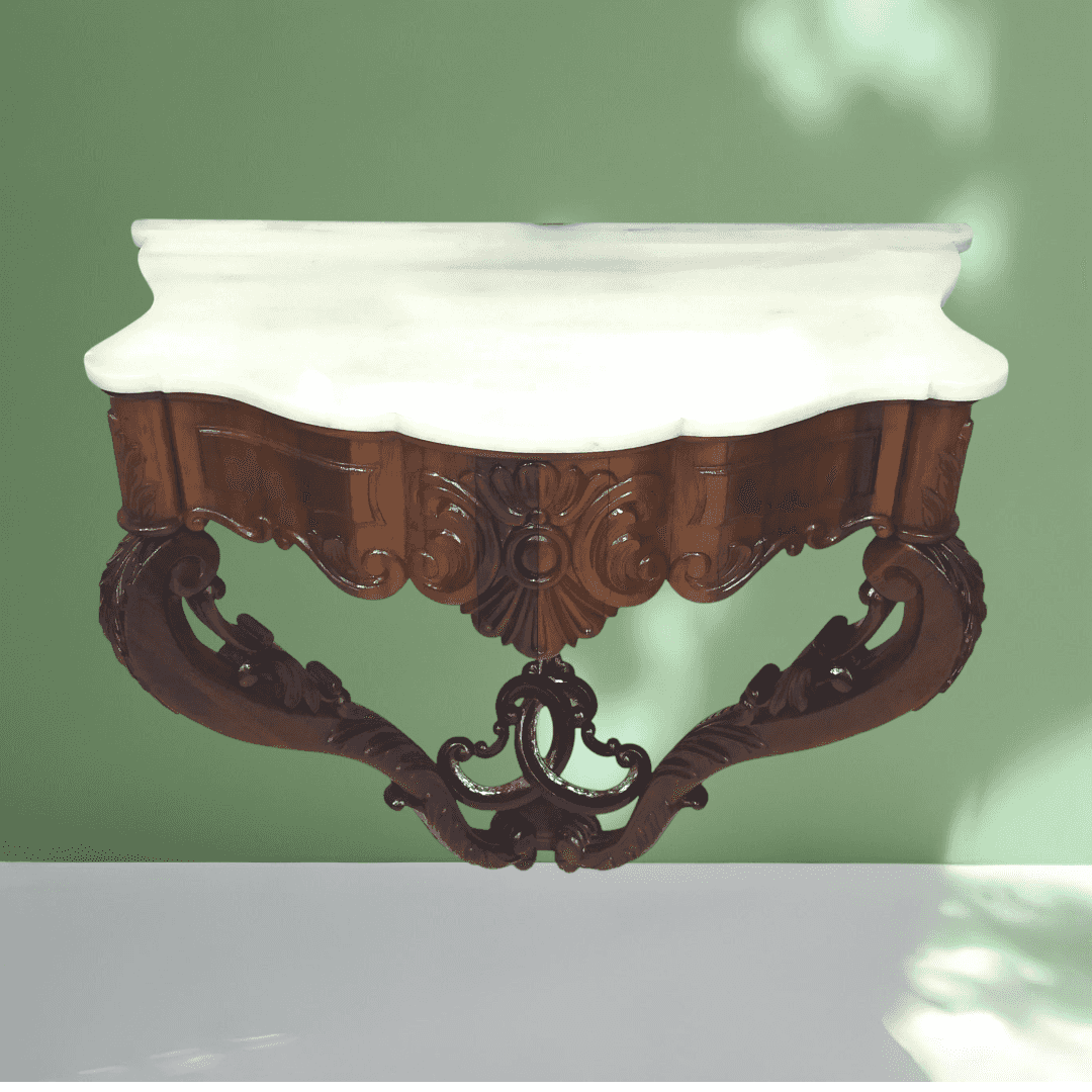 Consola de mármol suspendida con tapa blanca y estructura tallada en caoba, estilo clásico ideal para decoración de interiores elegantes.