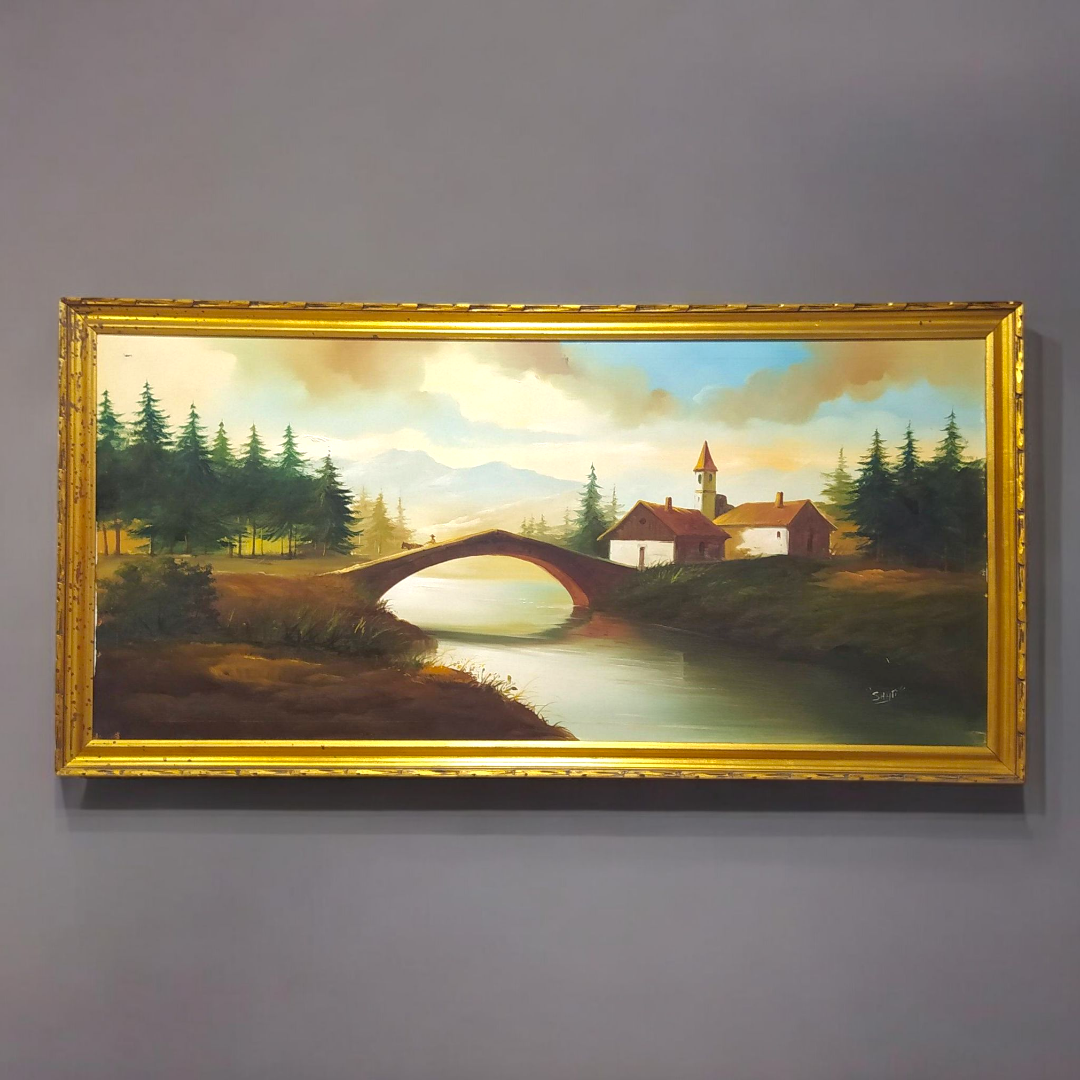Óleo de paisaje con puente y casas rurales, enmarcado en dorado. Ideal para decoración clásica y amantes del arte naturalista.