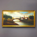 Óleo de paisaje con puente y casas rurales, enmarcado en dorado. Ideal para decoración clásica y amantes del arte naturalista.