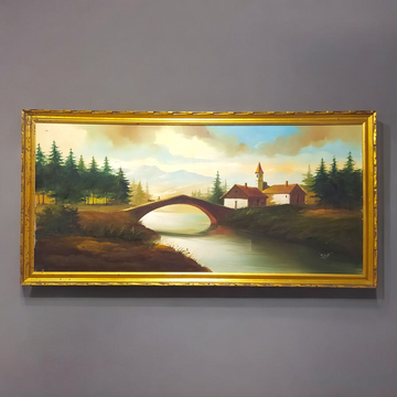Óleo de paisaje con puente y casas rurales, enmarcado en dorado. Ideal para decoración clásica y amantes del arte naturalista.