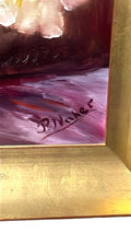 Firma del artista R. Naher en la esquina del Óleo Floral - Arte Exquisito para Tu Hogar, destacando autenticidad y valor decorativo.