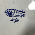 Sello trasero del plato viejo estilo clásico años 50, marca Bock Frères La Louvière Belgium Delft, cerámica belga decorativa azul.