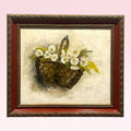 Óleo Canasto Margaritas - Decoración Alegre con marco clásico. Pintura de margaritas blancas en canasto rústico ideal para hogar vintage.
