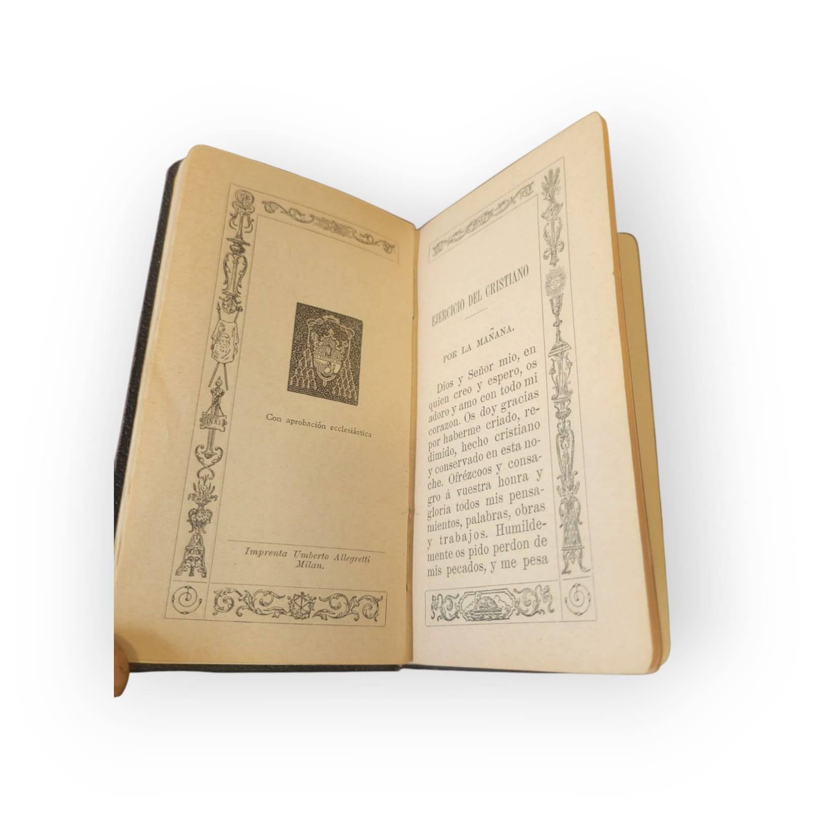 Interior del devocionario 'Dios Conmigo' con tipografía clásica y bordes decorativos, ideal para coleccionistas de libros religiosos antiguos.