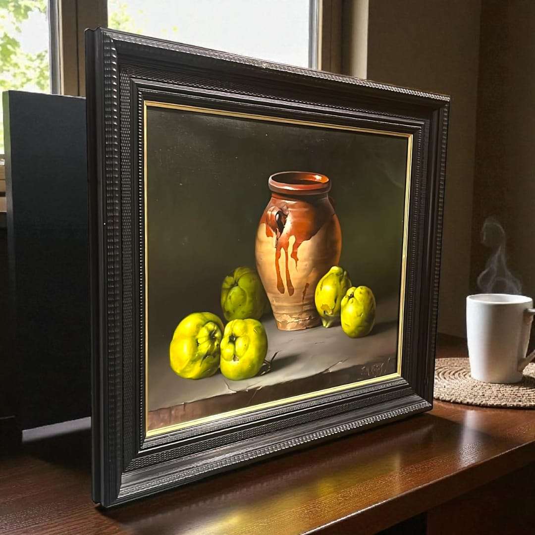 Óleo cuenco de cebollas firmado por José Manuel Reyes, pintura realista.