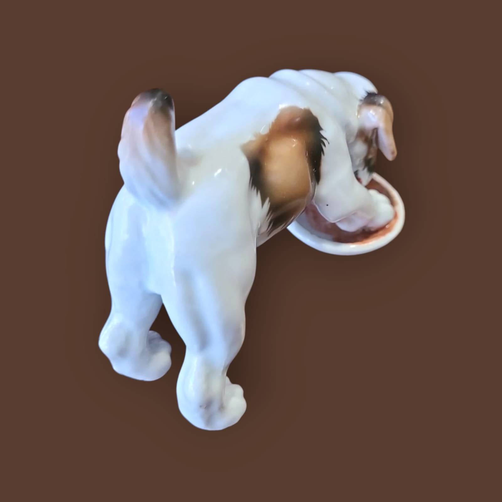 Vista trasera del perro de porcelana alemana estilo beagle, pieza coleccionable de los años 50 con acabado brillante y detalles pintados a mano.