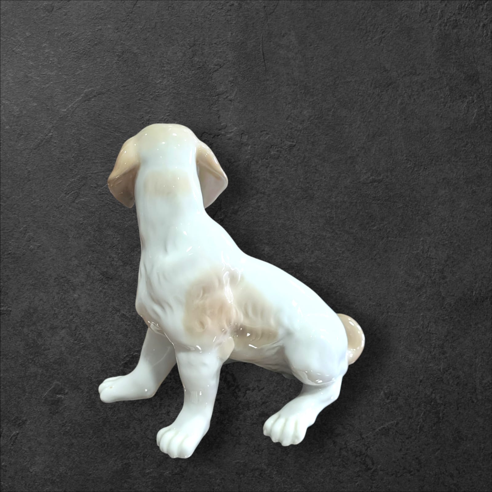 Vista trasera de la figura de perro manchado en porcelana fina Nao Lladró, destacando su diseño detallado y realista.