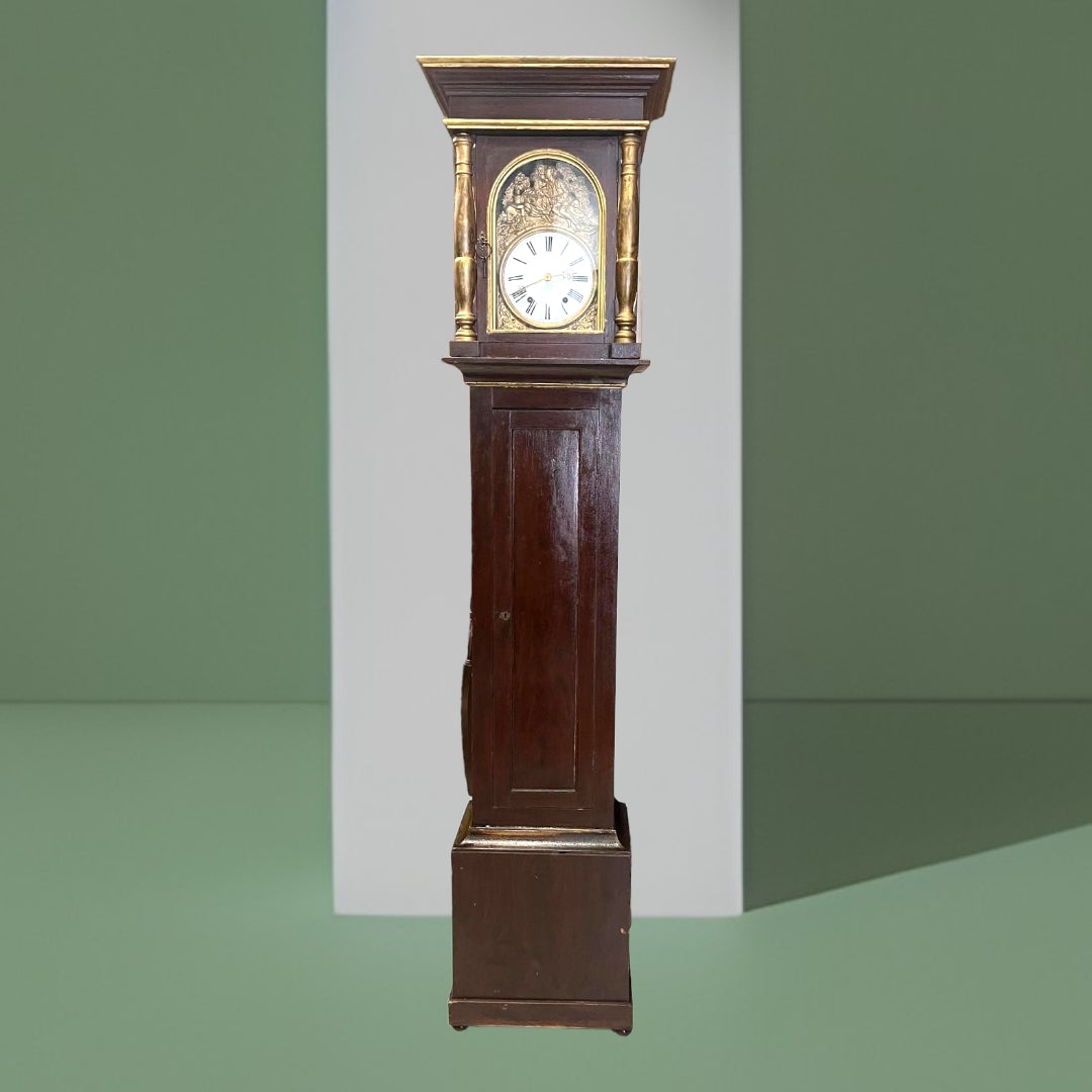 Reloj Comtoise de pie del siglo XIX, estilo Napoleón III francés, con esfera esmaltada y estructura de madera oscura. Perfecto para ambientes clásicos.