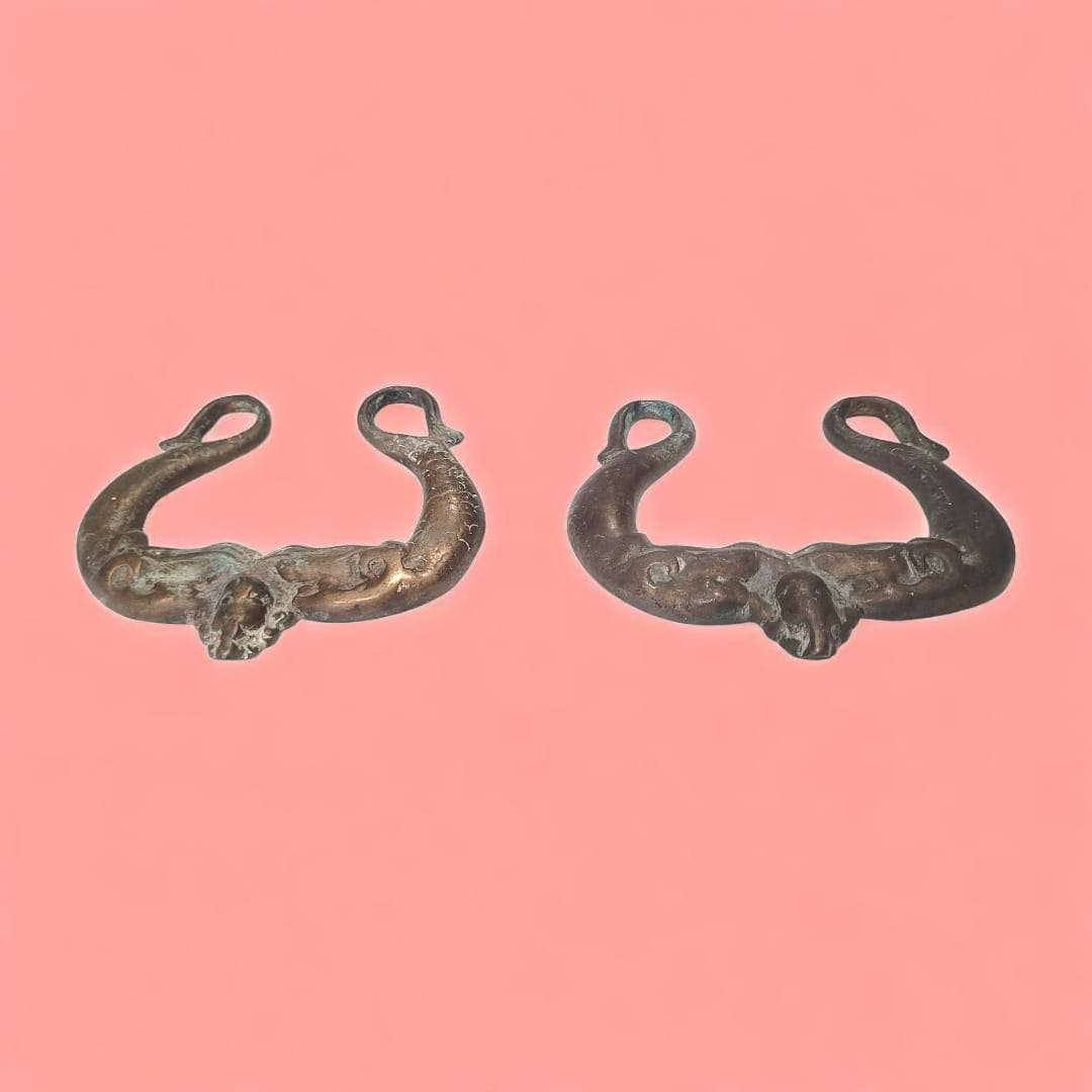 Primer plano de los tiradores de metal con relieves en forma de cabezas ornamentales.