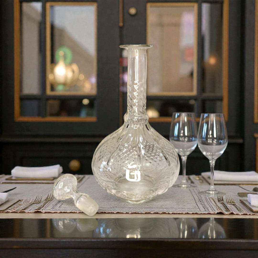 Licorera de cristal con tapa tallada y cuerpo texturizado para mesas elegantes
