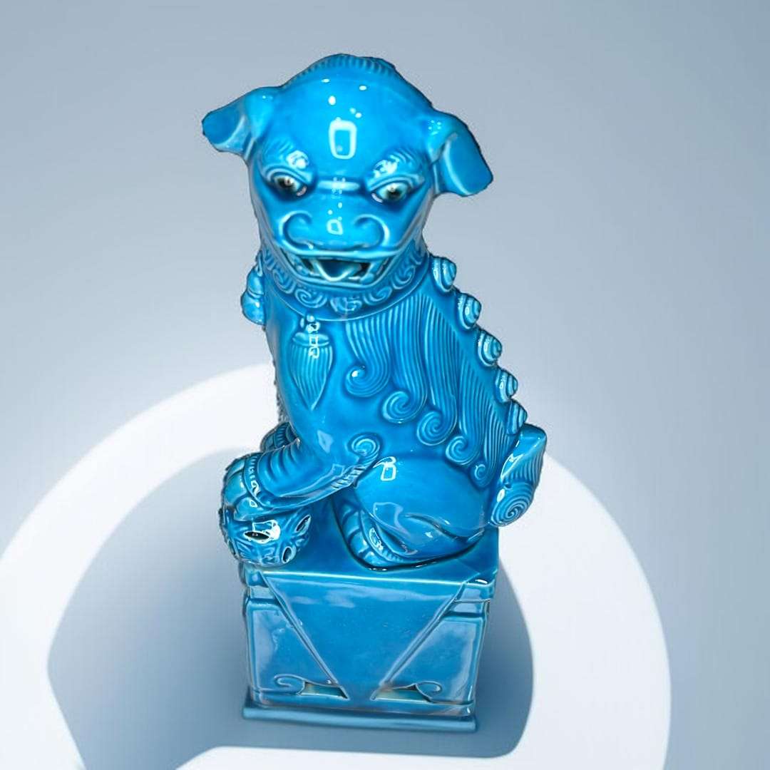 León Fu cerámica china azul 24 cm protector decoración oriental
