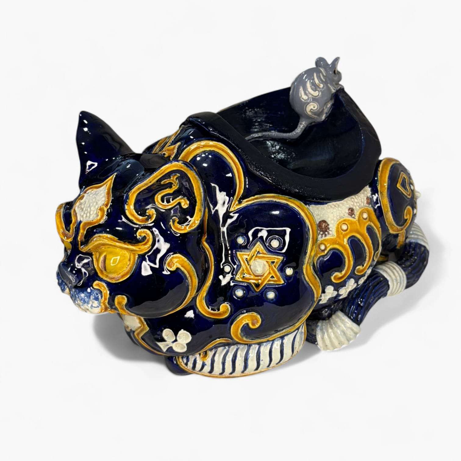 Gato de loza decorativo azul y dorado con tapa escupidera artística