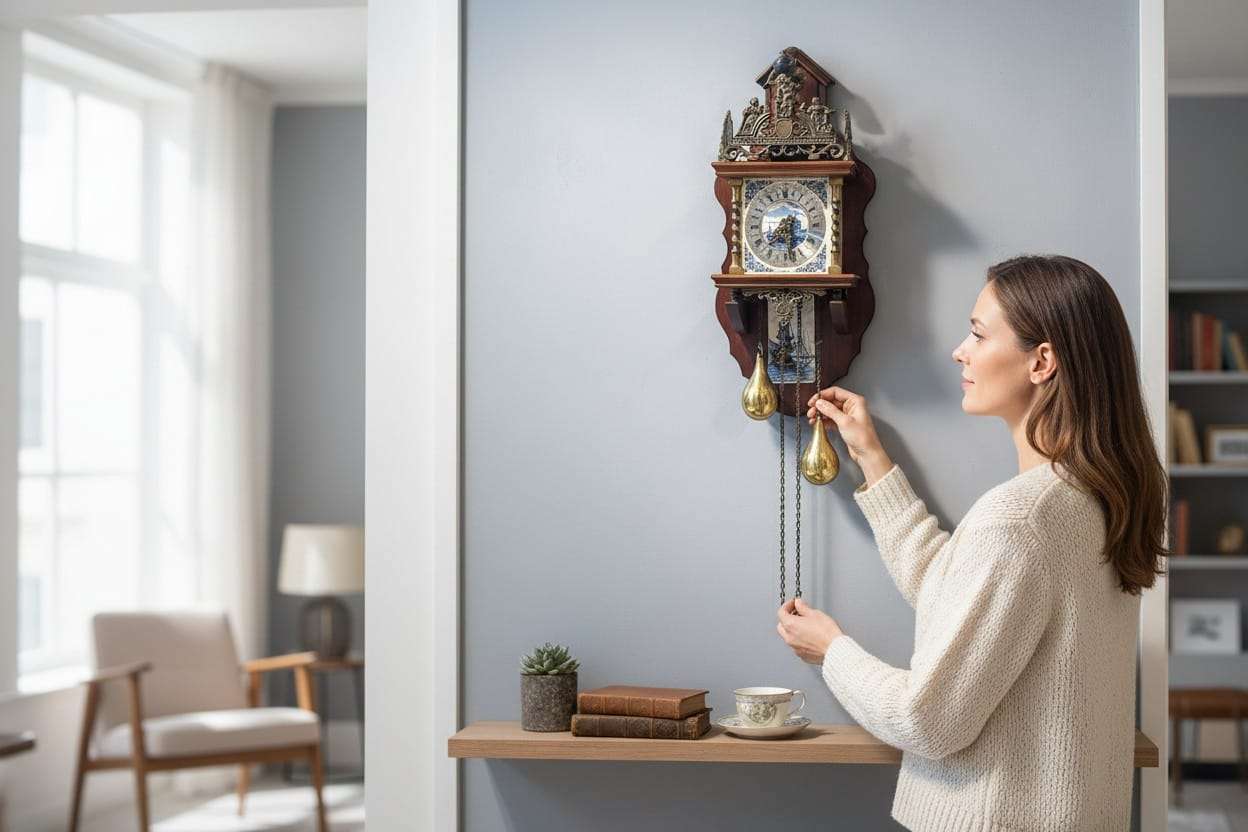Reloj antiguo de madera y metal decorativo de pared en interior de hogar