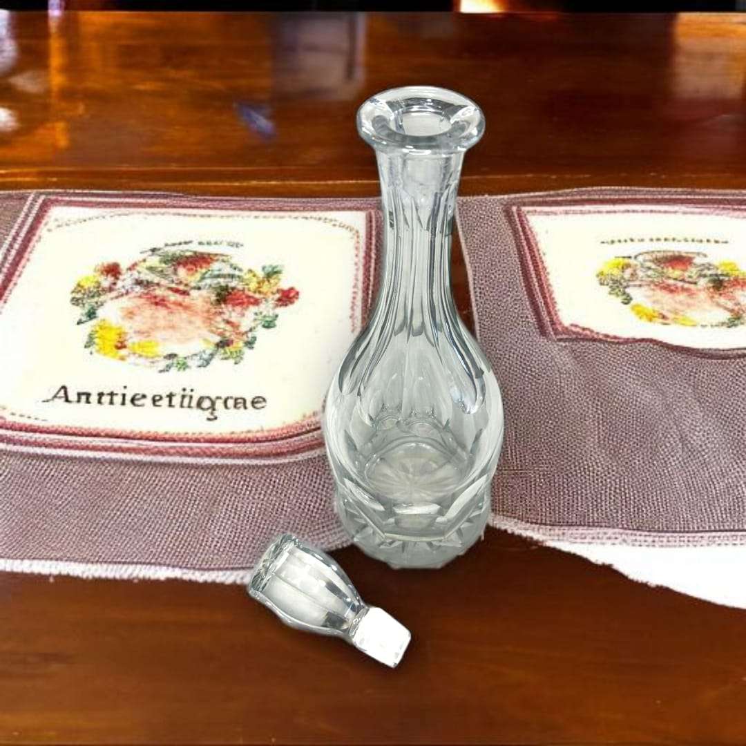 En las imágenes se aprecia un cristal transparente con tallas verticales, formas curvas en el cuerpo y una base trabajada que refleja la luz con gran belleza.