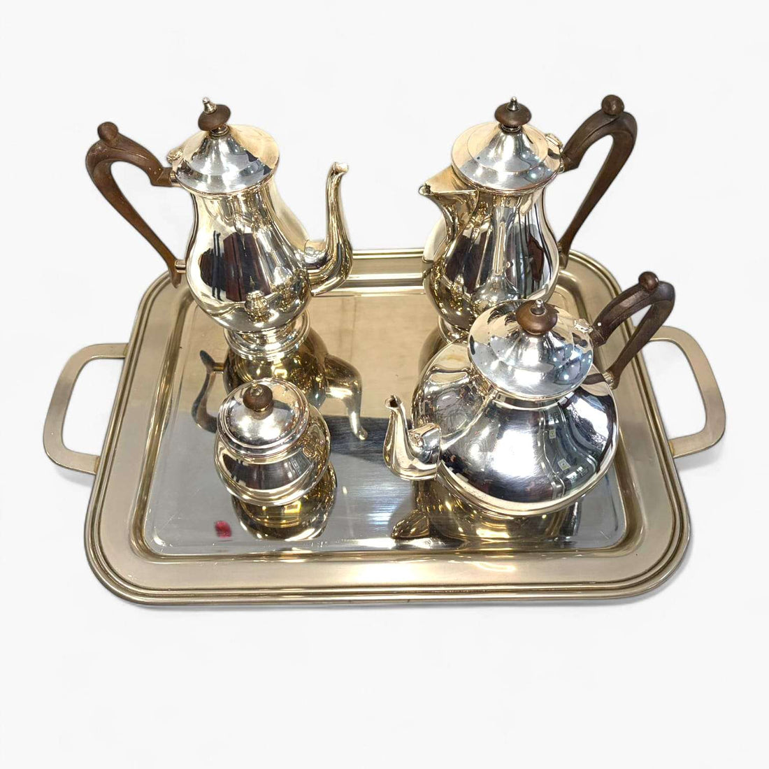 Juego de café antiguo plateado estilo inglés completo en bandeja decorativa