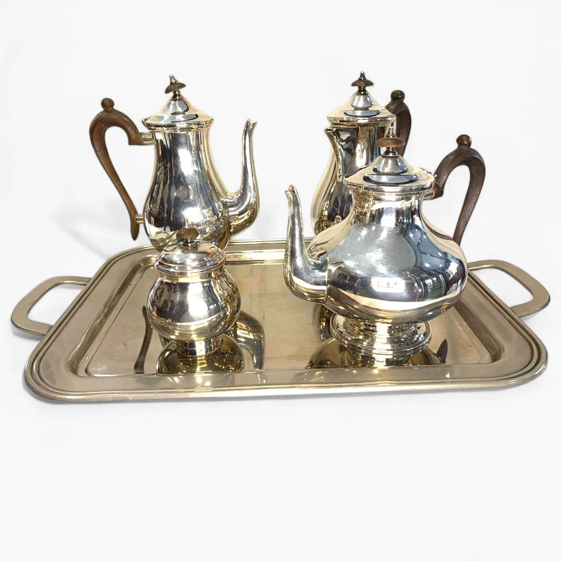 Juego de café antiguo plateado estilo inglés completo en bandeja decorativa