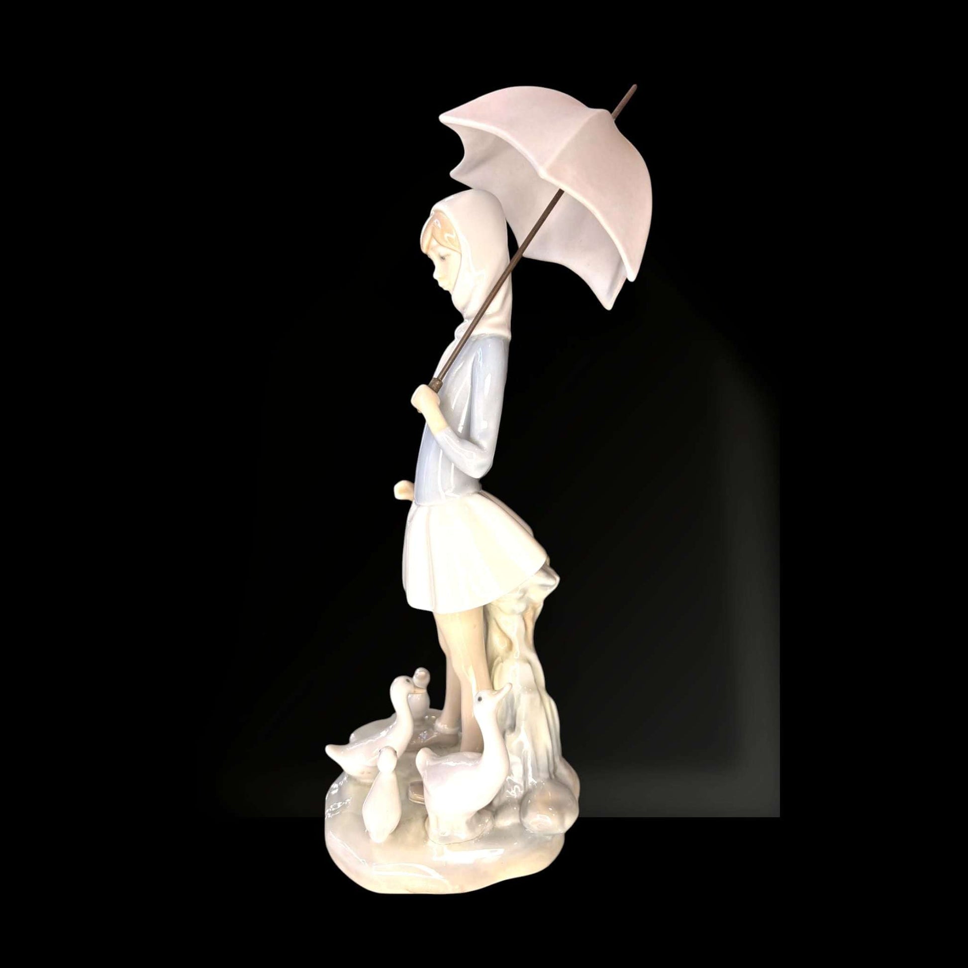 Figura Lladró niña con paraguas y ocas porcelana decorativa