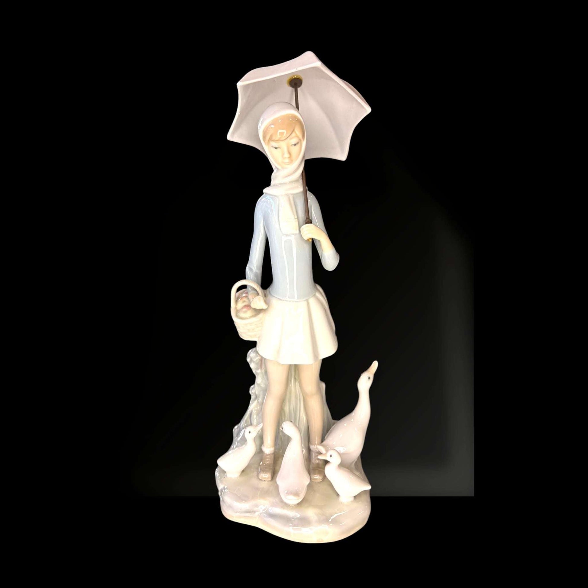 Escultura de porcelana Lladró niña con paraguas y ocas en decoración clásica