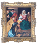 Óleo 'La Adoración de los Reyes Magos', réplica de Velázquez por A. González, con marco dorado barroco. Perfecto para embellecer espacios elegantes.
