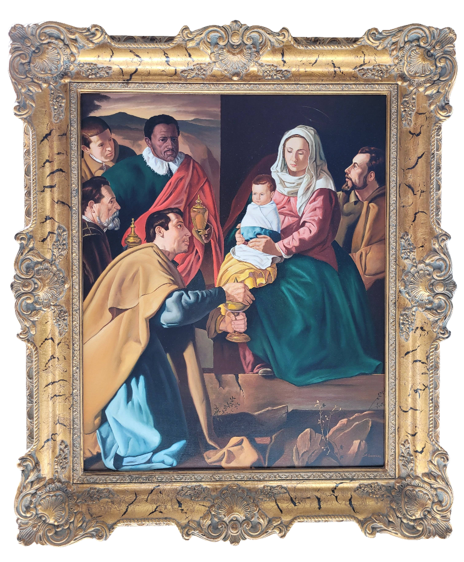 Óleo 'La Adoración de los Reyes Magos', réplica de Velázquez por A. González, con marco dorado barroco. Perfecto para embellecer espacios elegantes.