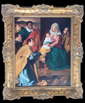 Óleo 'La Adoración de los Reyes Magos', copia de Velázquez por A. González, enmarcado en un marco dorado ornamentado. Ideal para decoración clásica.