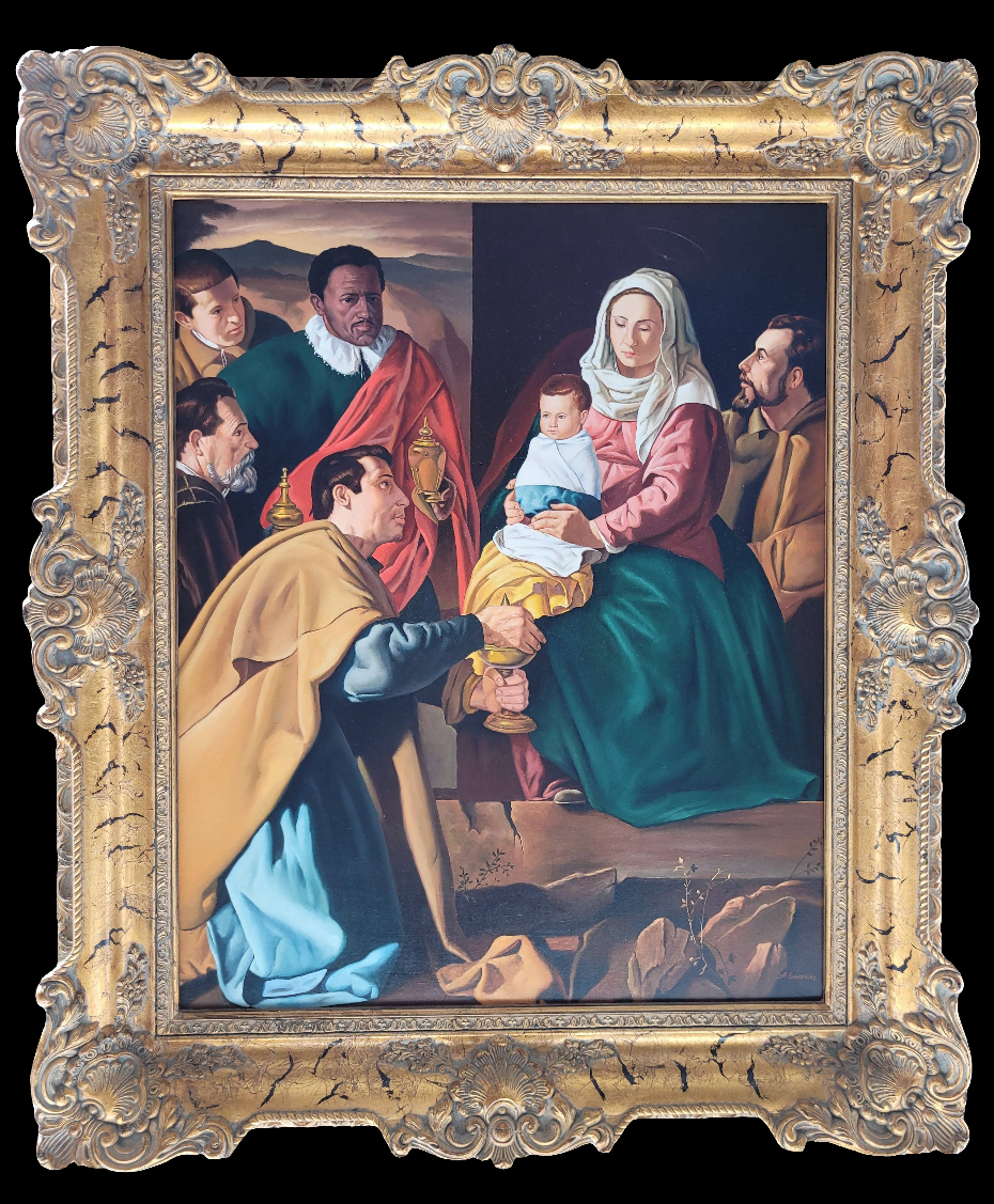 Óleo 'La Adoración de los Reyes Magos', copia de Velázquez por A. González, enmarcado en un marco dorado ornamentado. Ideal para decoración clásica.
