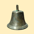 Campana de metal vintage con acabado envejecido y diseño tradicional, ideal para decoración de hogar con estilo retro.