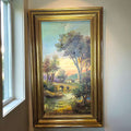 Cuadro de Retamero al óleo, paisaje con puente y río, original enmarcado en dorado, con escena natural al atardecer. Ideal para decoración de interiores.