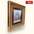 Cuadro de óleo sobre lienzo con marco dorado en oferta -45%. Arte floral exclusivo con margaritas y mariposas, perfecto para decoración clásica.