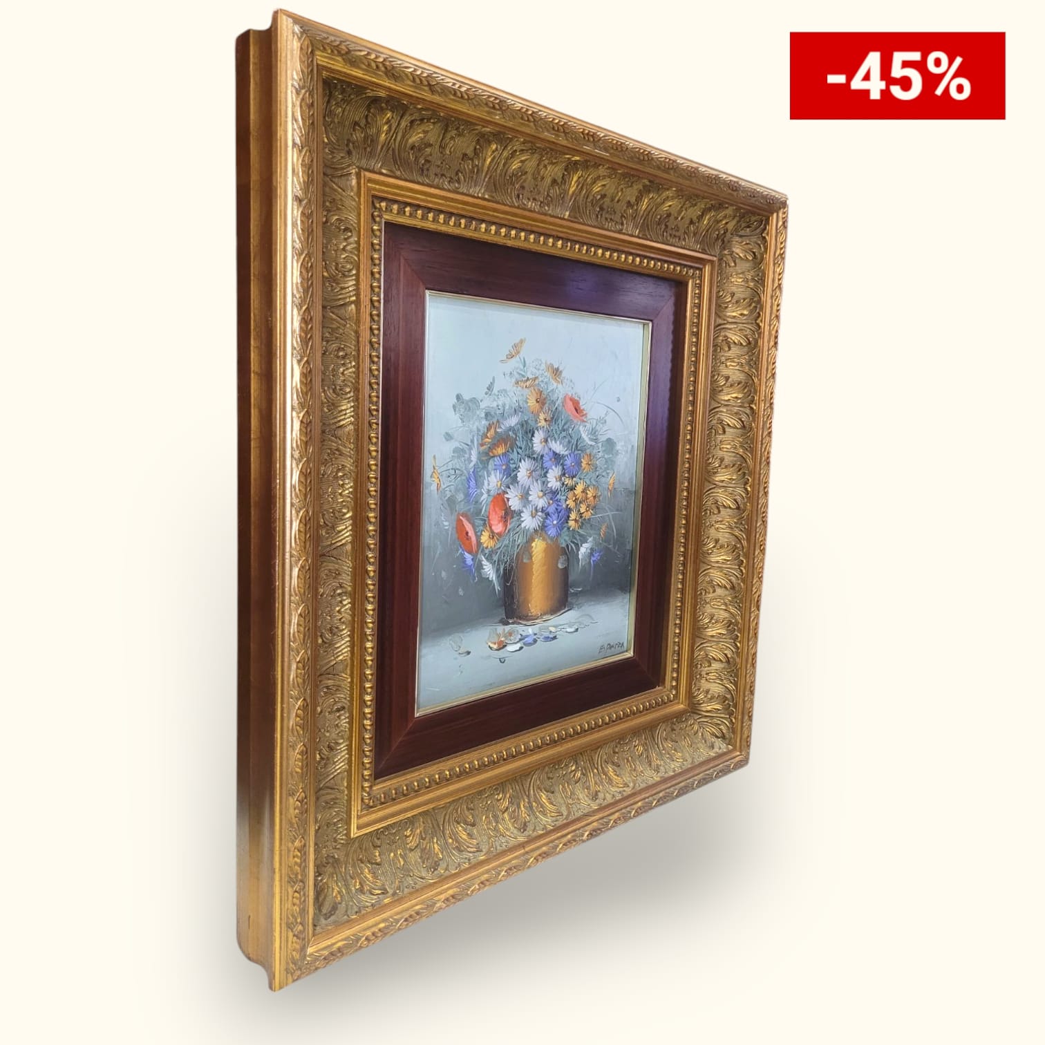 Cuadro de óleo sobre lienzo con marco dorado en oferta -45%. Arte floral exclusivo con margaritas y mariposas, perfecto para decoración clásica.