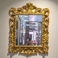 Espejo dorado isabelino del siglo XIX con talla en madera, marco ornamentado con penacho decorativo ideal para decoración clásica de interiores.