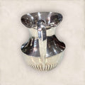 Jarra de metal plateado vista trasera con asa ergonómica, estilo clásico que aporta elegancia y brillo a la decoración del hogar.