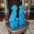 Leones Fu cerámica china azul turquesa en decoración de hogar y negocio