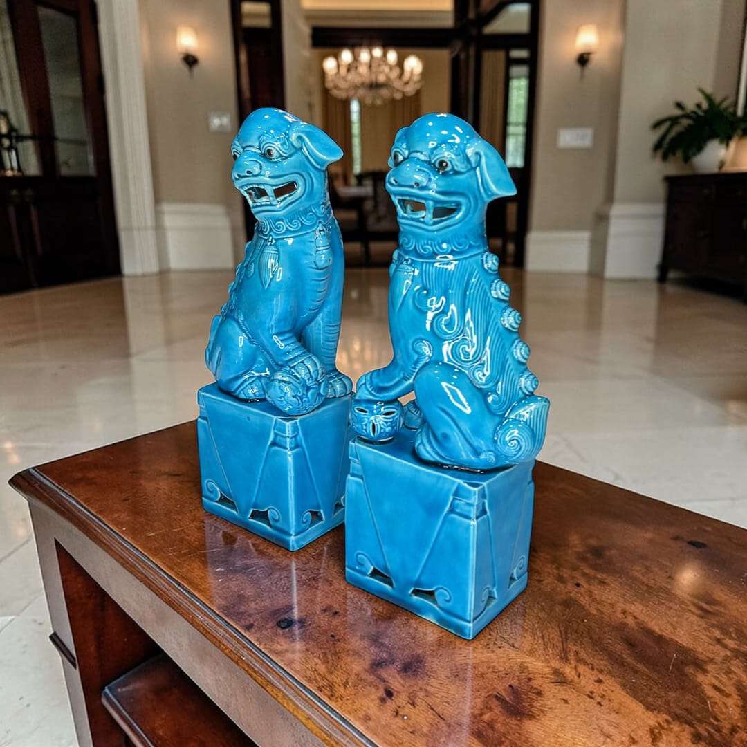 Leones Fu cerámica china azul turquesa 24 cm en decoración de hogar