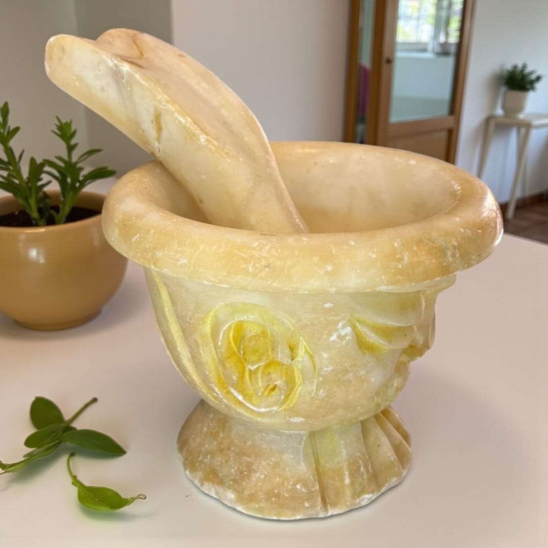 Mortero de alabastro antiguo con detalles florales tallados y maja original, pieza decorativa para hogar con estilo artesanal y elegante.