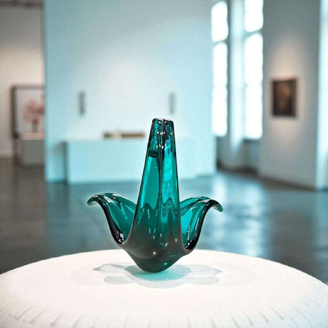 Pieza de Cristal Murano – Arte único para tu decoración en verde esmeralda con diseño ondulado, ideal para vitrinas o salones modernos.