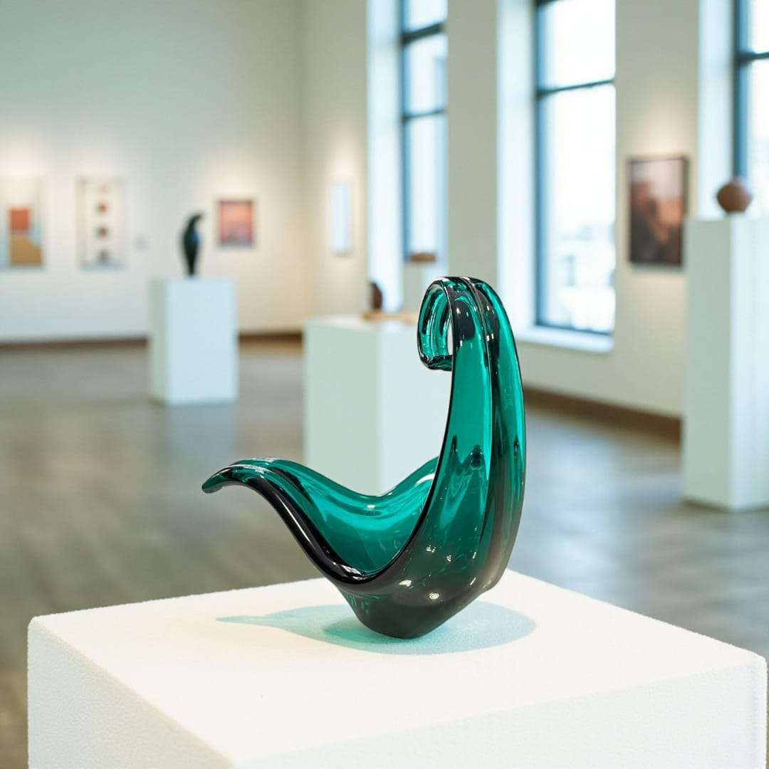 Pieza de Cristal Murano – Arte único para tu decoración en verde esmeralda con forma abstracta, expuesta en galería de arte moderna. Ideal para decoración de interiores.