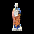 Figura frontal de San Mathieu en terracota pintada a mano con inscripción 'Évangile', ideal para decoración espiritual y coleccionistas.