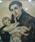 Lámina antigua de San Antonio con marco de caoba, ideal para decoración clásica en el hogar. Representación religiosa con detalles vintage.