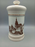 Tarro de porcelana único - Exclusivo y de alta calidad con ilustración arquitectónica en tonos marrones, ideal para decoración elegante y coleccionistas.