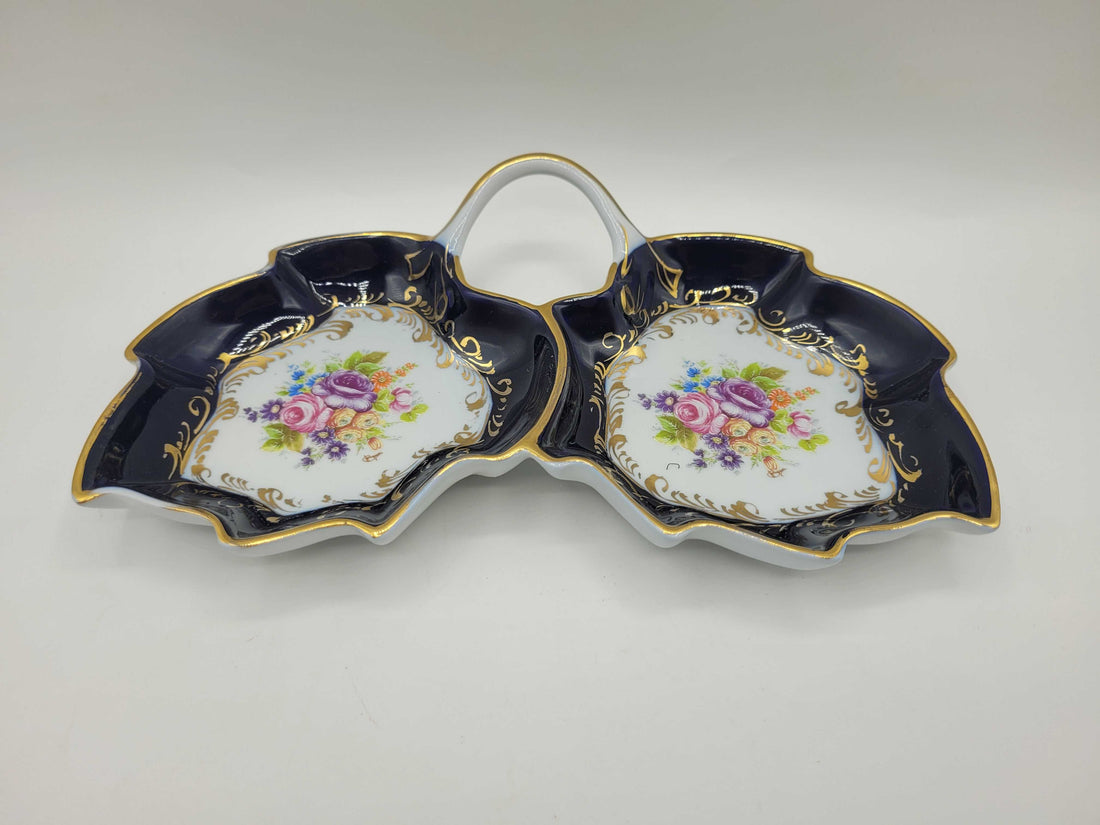 Entremesera Limoges - Obra maestra en porcelana pintada a mano, diseño floral con bordes dorados, 24x15 cm, ideal para decoración elegante.
