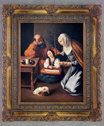 Óleo 'La Sagrada Familia', reproducción de Zurbarán por A. González en un marco ornamentado. Pintura religiosa de alta calidad para decoración.