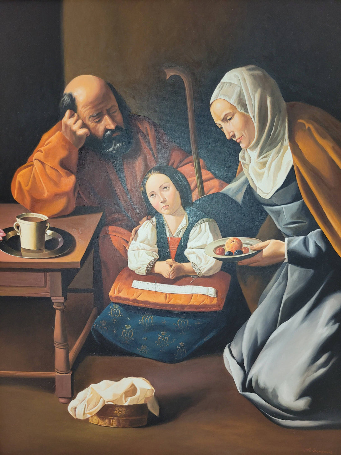 Óleo 'La Sagrada Familia', reproducción de Zurbarán por A. González en un marco ornamentado. Pintura religiosa de alta calidad para decoración.
