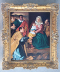 Óleo 'La Adoración de los Reyes Magos', copia de Velázquez por A. González, colgado en una pared con textura. Arte religioso ideal para decoración sofisticada.