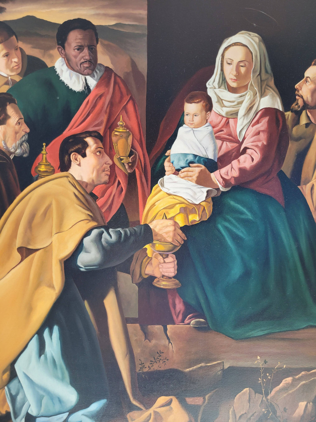 Óleo 'La Adoración de los Reyes Magos', copia de Velázquez por A. González, enmarcado en un marco dorado ornamentado. Ideal para decoración clásica.