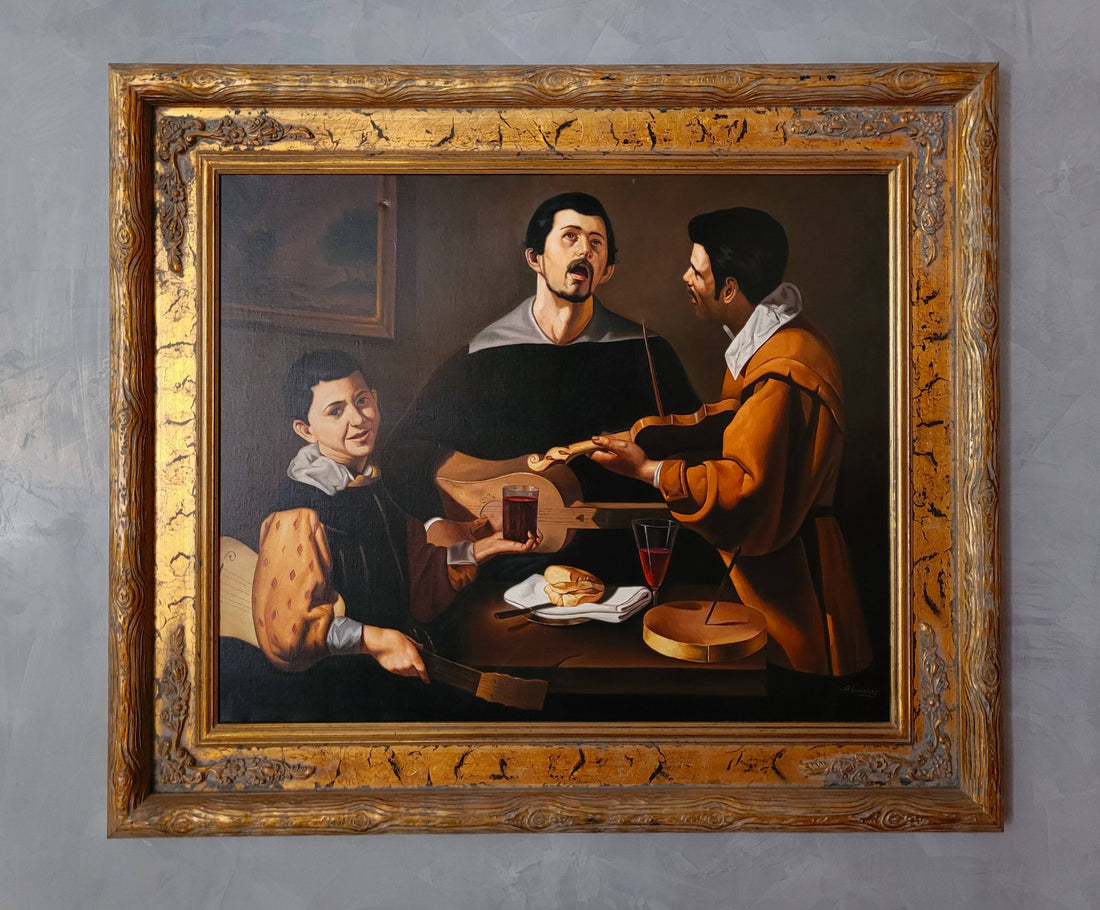 Óleo 'El Almuerzo', reproducción de Velázquez por A. Gonzalez, con marco dorado ornamentado. Pintura clásica con tres personajes en una escena de comida.